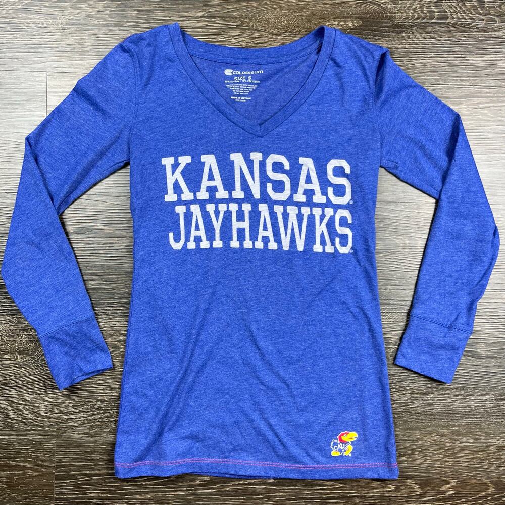 Women's Coliseum KU Jayhawks along Sleeve Shirt Small Blue RockChalk NCAA